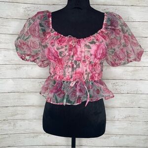 Joie Abboid Chic Floral Pink Blouse Puff Sleeves Bows Size‎ M Milk Maid Romantic